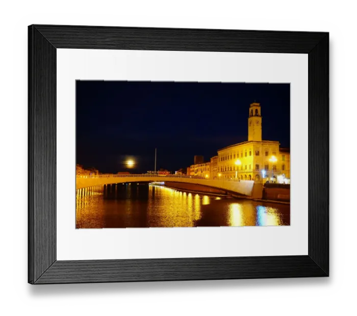 Framed Print : Clock tower and Arno River by night, Pisa, Italy