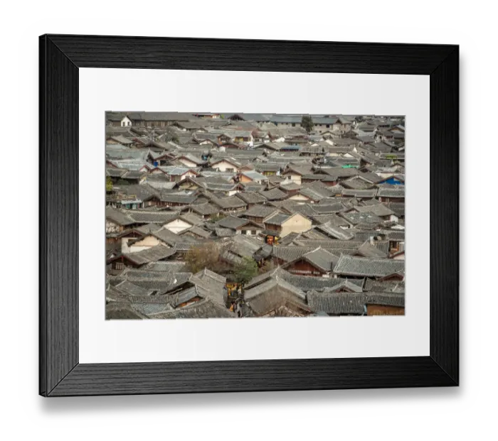 Framed Print : Lijiang Old Town bird eye top top view with local historical architectures roof building