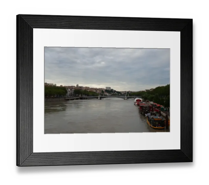 Framed Print : River RhA┼¢ne at Dusk, Boats and Skyline, Lyon, France