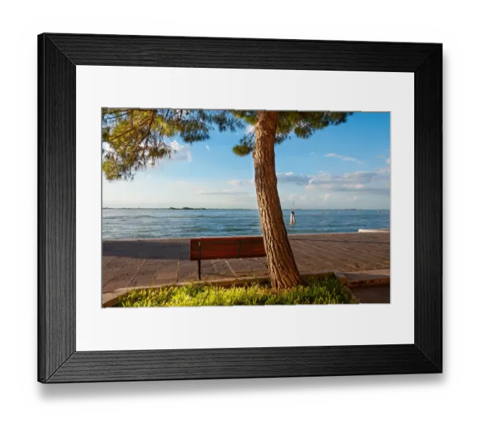 Framed Print : A bench in the quiet place in front of Venice lagoon