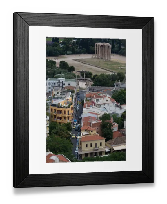 Framed Print : Elevated view of the Temple of Olympian Zeus colossal ruined temple and Arch of Hadrian in central Athens