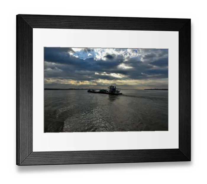 Framed Print : Transport boat on Irrawaddy river at sunrise Myanmar Asia Framed Print : Transport boat on Irrawaddy river at sunrise Myanmar Asia