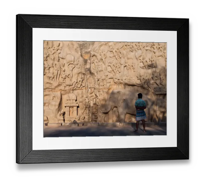 Framed Print : Man looking at Descent of the Ganga relief in Mamallapuram Framed Print : Man looking at Descent of the Ganga relief in Mamallapuram