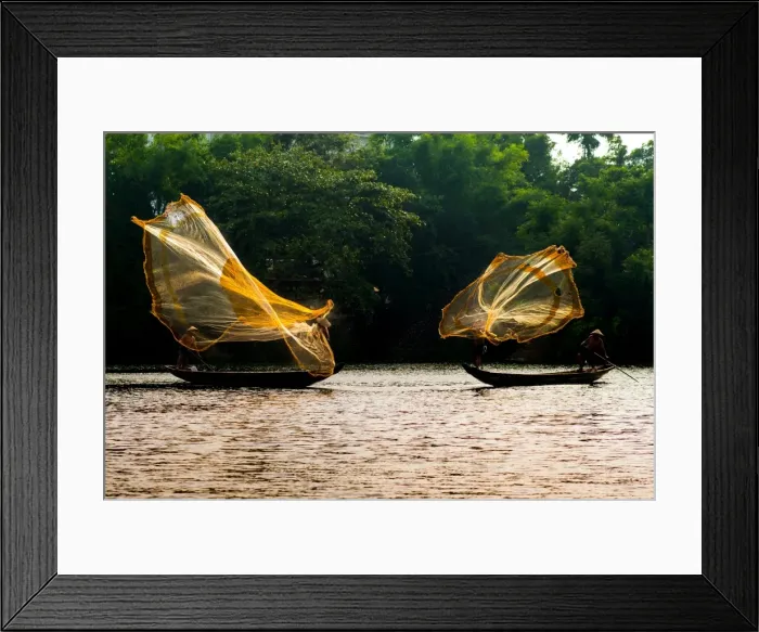 Framed Print : Fishermen catch fish in the river in Hue, Vietnam