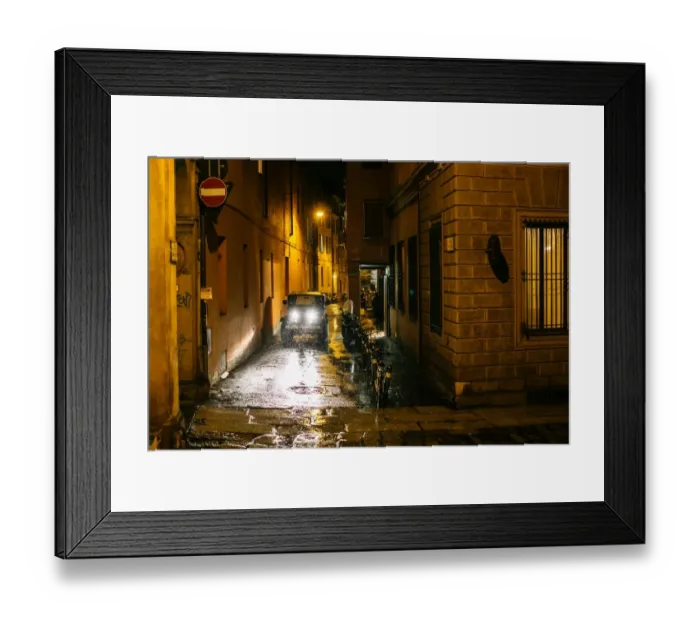 Framed Print : View on night city street in Old Town of Bologna during the heavy rain. Emilia-Romagna, Italy Framed Print : View on night city street in Old Town of Bologna during the heavy rain. Emilia-Romagna, Italy