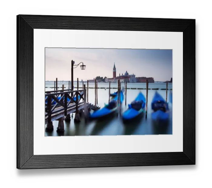 Framed Print : Gondolas moored by Saint Mark square with San Giorgio di Maggiore church in the background - Venice, Venezia, Italy, Europe Framed Print : Gondolas moored by Saint Mark square with San Giorgio di Maggiore church in the background - Venice, Venezia, Italy, Europe