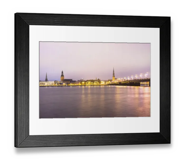 Framed Print : Old Riga skyline at dusk and Akmens bridge over Daugava river. Riga, Latvia Framed Print : Old Riga skyline at dusk and Akmens bridge over Daugava river. Riga, Latvia