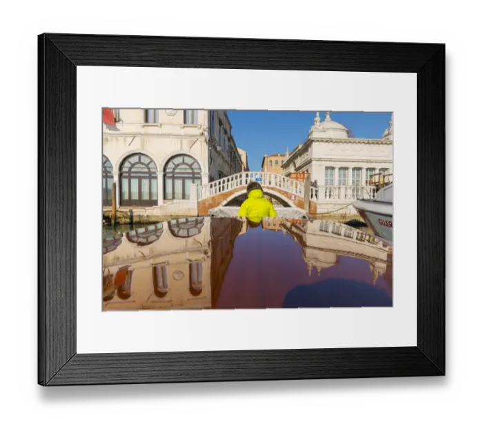 Framed Print : Taxi boat on Grand Canal and old buildings reflected on the boat roof in Venice, Italy Framed Print : Taxi boat on Grand Canal and old buildings reflected on the boat roof in Venice, Italy