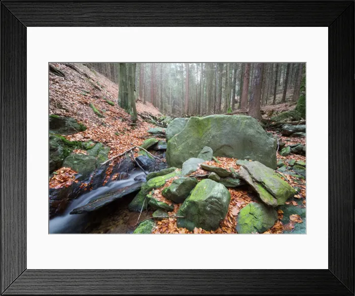 Framed Print : Forest brook (river) with moss covered stones, long exposure Framed Print : Forest brook (river) with moss covered stones, long exposure