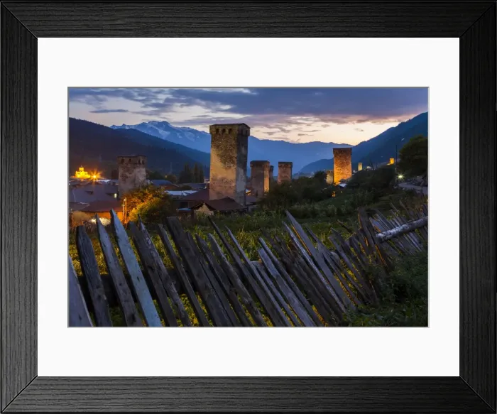 Framed Print : Svan towers illuminated at night. Svaneti, Georgia