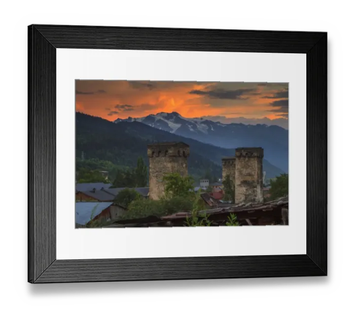 Framed Print : Old Georgian town with towers at sunset. Svaneti Framed Print : Old Georgian town with towers at sunset. Svaneti