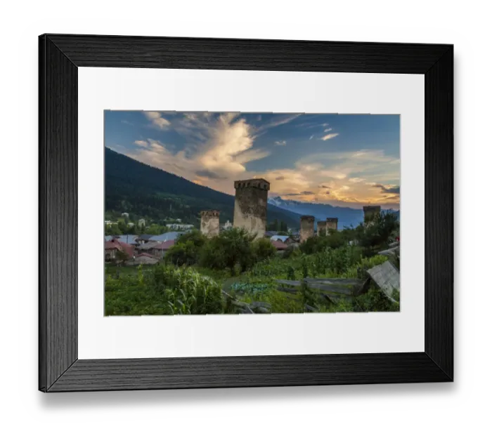 Framed Print : Old Georgian town with towers at sunset. Svaneti Framed Print : Old Georgian town with towers at sunset. Svaneti