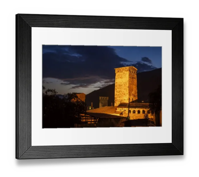 Framed Print : Svan towers illuminated at night. Svaneti, Georgia Framed Print : Svan towers illuminated at night. Svaneti, Georgia