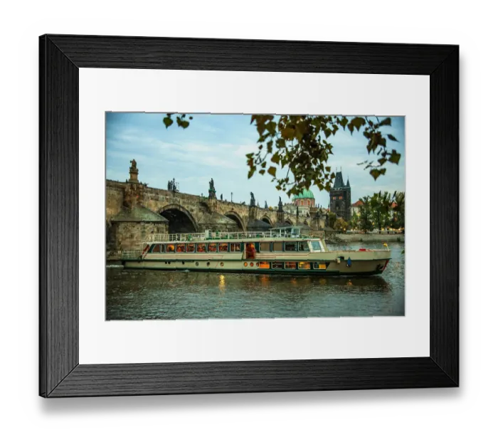 Framed Print : Charles bridge in Prague and a tourist boat Framed Print : Charles bridge in Prague and a tourist boat
