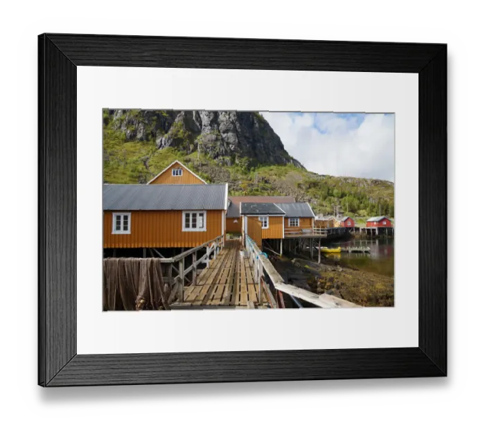 Framed Print : Ochre coloured fishermans huts on the Lofoten Isl Framed Print : Ochre coloured fishermans huts on the Lofoten Isl