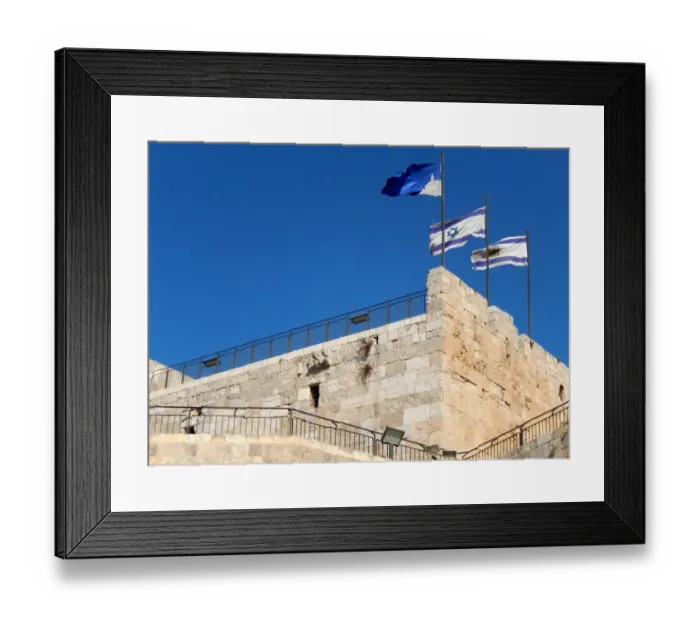 Framed Print : Flags of Israel and Jerusalem, Jerusalem citadel