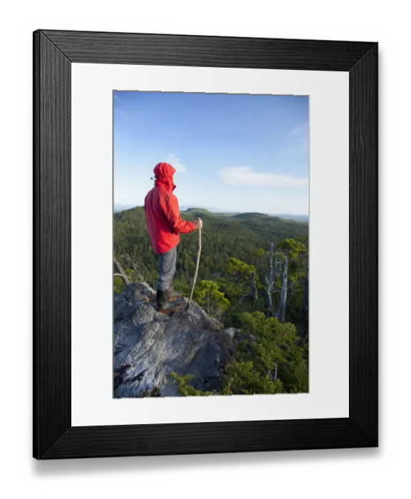 Framed Print : A Man Wearing A Red Jacket Looks Out At The View Of Cox Bay Near Tofino Framed Print : A Man Wearing A Red Jacket Looks Out At The View Of Cox Bay Near Tofino