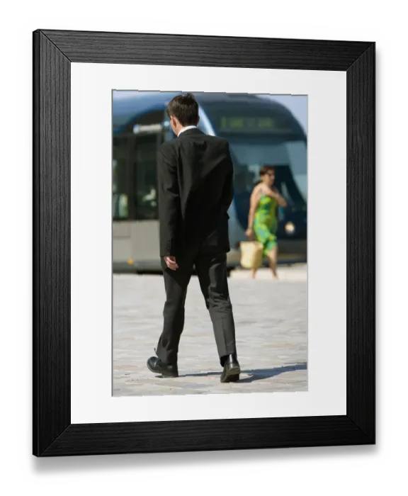 Framed Print : Rear view of a businessman walking on a sidewalk, Bordeaux, Aquitaine, France Framed Print : Rear view of a businessman walking on a sidewalk, Bordeaux, Aquitaine, France