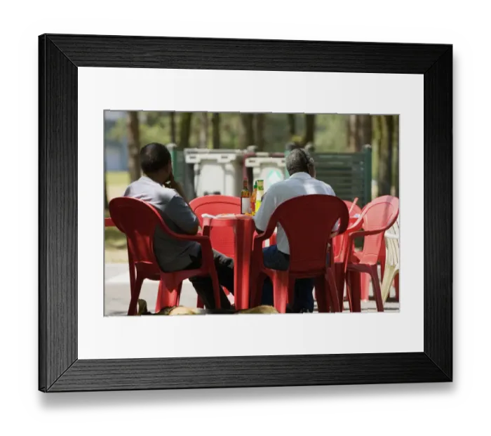 Framed Print : Rear view of two men sitting at a sidewalk cafe, Bordeaux, Aquitaine, France