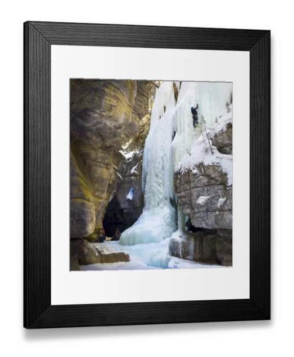 Framed Print : Family watching an ice climber on a frozen waterfall, Jasper National Park, Alberta, Canada