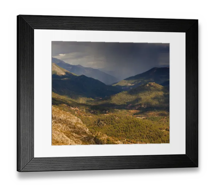 Framed Print : Rain storm approaching puerto de las palomas in cazorla natural park; segura y las villas jaen province andalusia spain