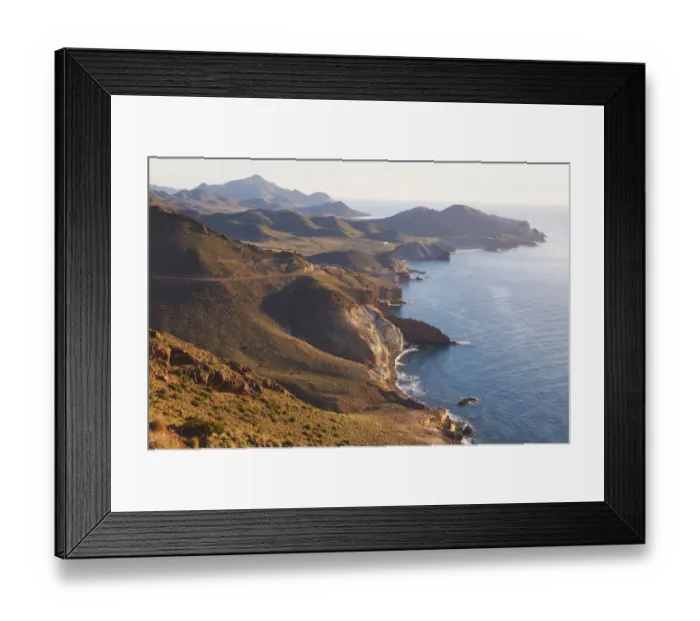 Framed Print : Looking east along the unspoiled coastline of cabo de gata-nijar natural park; almeria province spain Framed Print : Looking east along the unspoiled coastline of cabo de gata-nijar natural park; almeria province spain