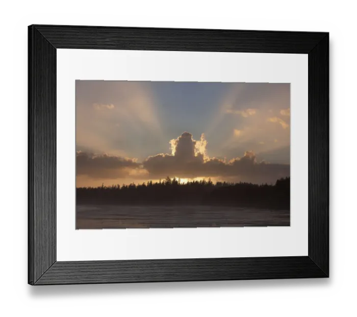 Framed Print : Clouds Are Backlit By The Sun At Sunset At Incinerator Rock Area Of Long Beach In Pacific Rim National Park Near Tofino; British Columbia Canada