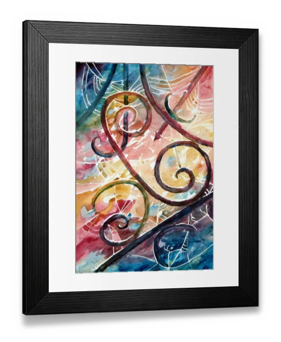 Framed Print : Spiderweb. Watercolour painting of a spiderweb iron gates