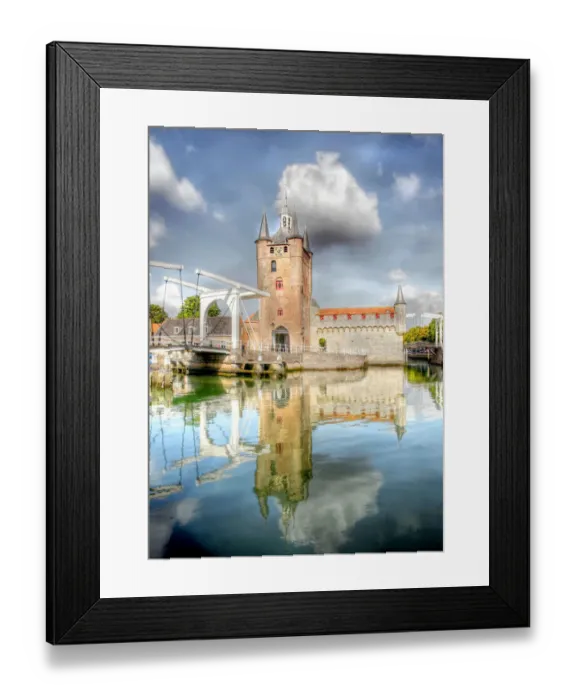 Framed Print : The city portal with a ancient wall and bridge of the town Zierikzee