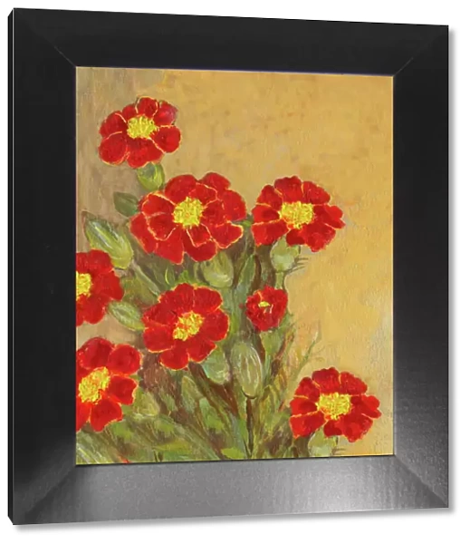 Oil painted frame with marigold flowers bouquet