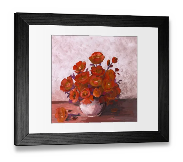 Framed Print : Oil painted bunch of red poppies arrangement in white vase
