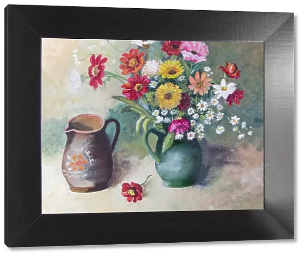 Oil painted flower arrangement still life with two vases