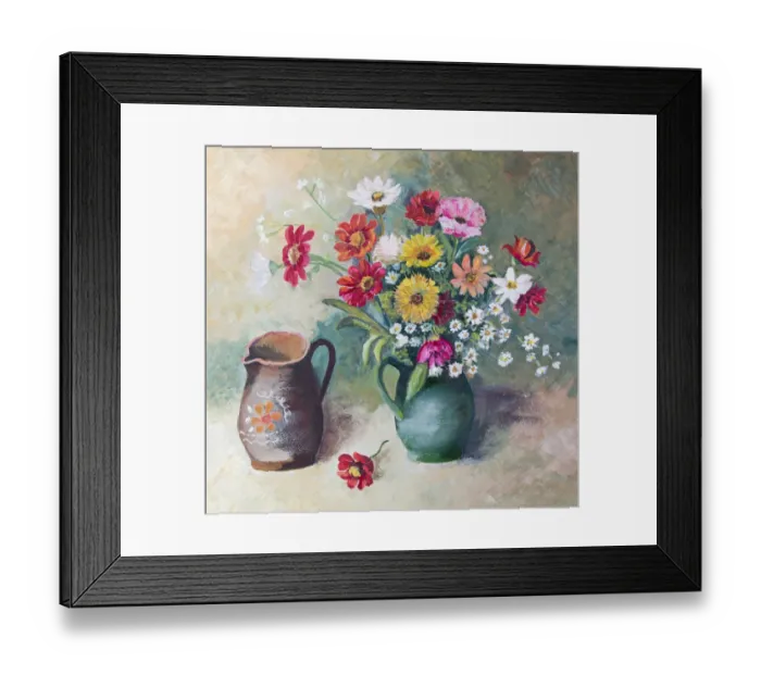 Framed Print : Oil painted flower arrangement still life with two vases Framed Print : Oil painted flower arrangement still life with two vases