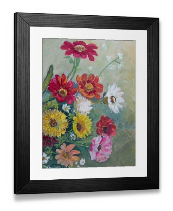 Framed Print : Oil painted multi colored daisy family flowers