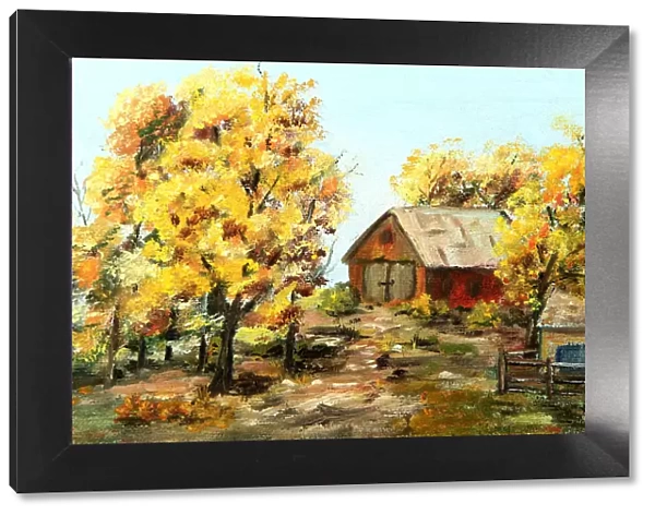 Original art painting of red barn and trees in autumn