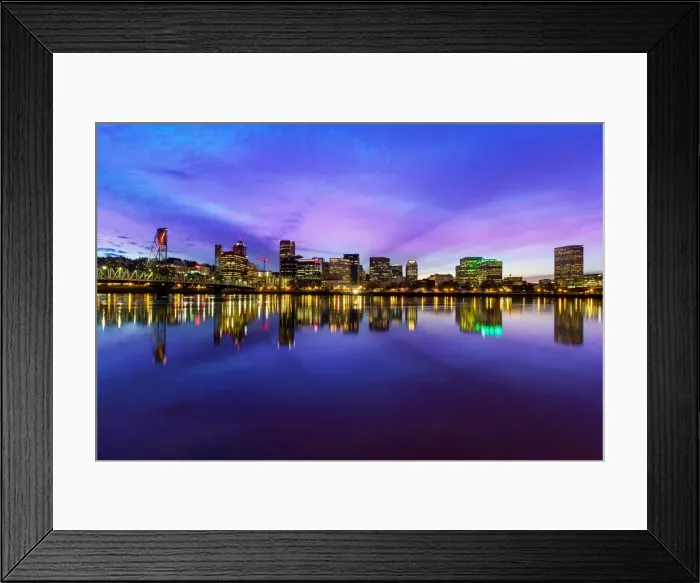 Framed Print : Portland Oegon skyline by Hawthorne Bridge at Twilight Framed Print : Portland Oegon skyline by Hawthorne Bridge at Twilight
