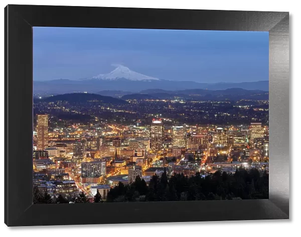 Portland Cityscape with Mt Hood at Dusk