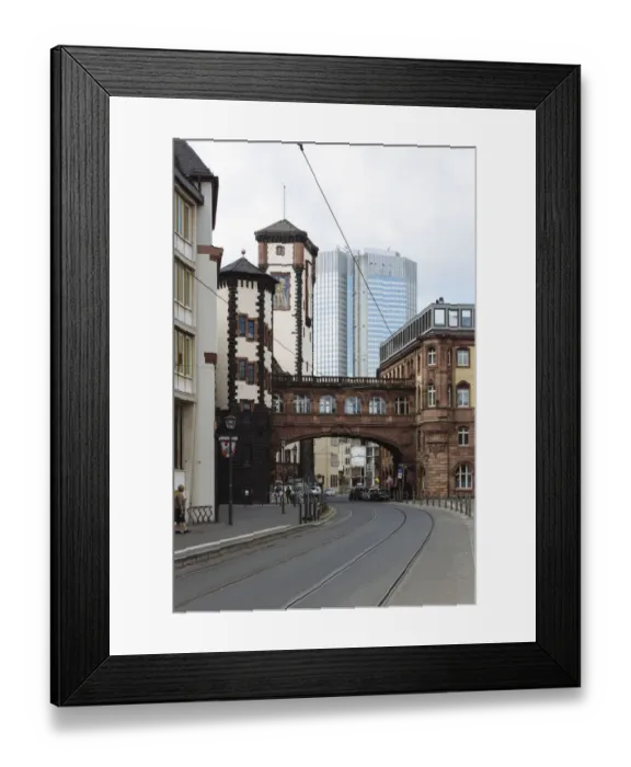 Framed Print : Bridge of Sights (SeufzerbrAOEcke) in the historic center and modern skyscraper in the background in Frankfurt am Main, Hesse, Germany Framed Print : Bridge of Sights (SeufzerbrAOEcke) in the historic center and modern skyscraper in the background in Frankfurt am Main, Hesse, Germany