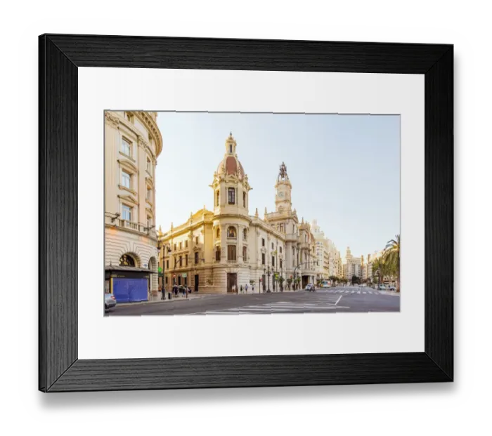 Framed Print : City street with view towards City Hall, Plaza del Ayuntamiento, Valencia, Spain Framed Print : City street with view towards City Hall, Plaza del Ayuntamiento, Valencia, Spain
