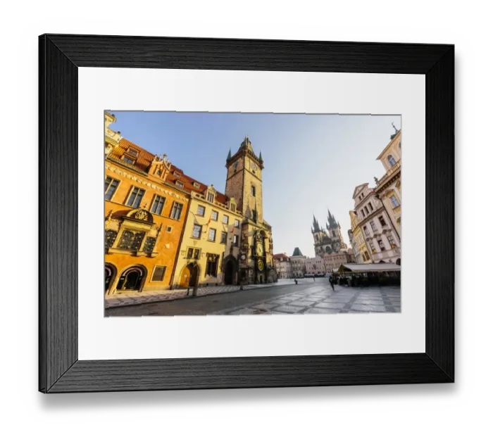 Framed Print : Old Town Hall Tower with Astronomical clock, Old Town Square and Tyn Church early in the morning with no people, Prague, Czech Republic Framed Print : Old Town Hall Tower with Astronomical clock, Old Town Square and Tyn Church early in the morning with no people, Prague, Czech Republic