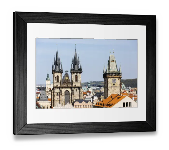 Framed Print : Prague skyline with Tyn Church and Old Town Hall Clock Tower in Prague, Czech Republic Framed Print : Prague skyline with Tyn Church and Old Town Hall Clock Tower in Prague, Czech Republic