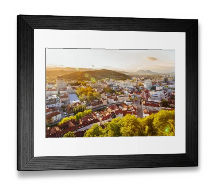 Framed Print : Ljubljana cityscape seen from above at sunset, Slovenia, EU Framed Print : Ljubljana cityscape seen from above at sunset, Slovenia, EU
