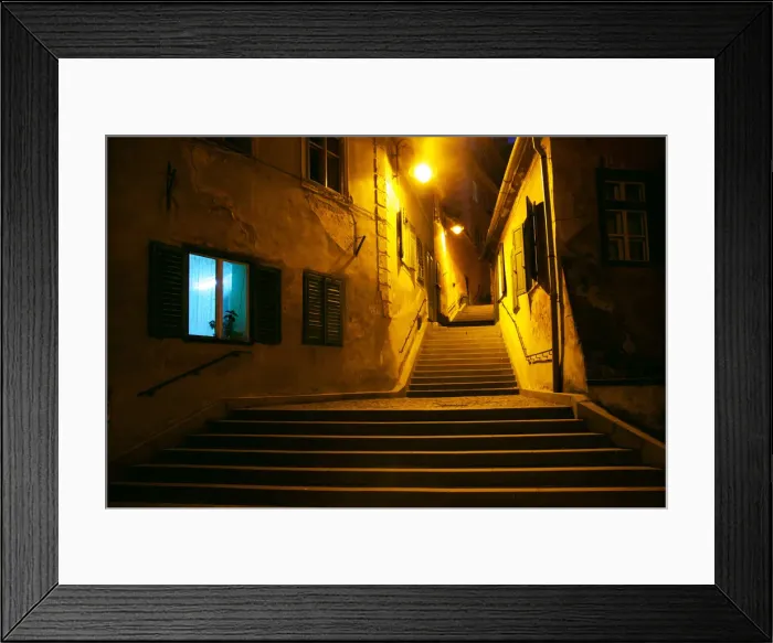 Framed Print : Curved narrow street at night, Sibiu, Romania Framed Print : Curved narrow street at night, Sibiu, Romania