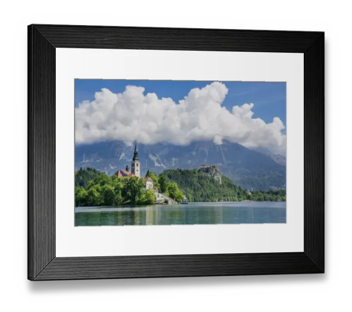 Framed Print : Castle and Mary Pilgrimage Church in Bled, Sloveni Framed Print : Castle and Mary Pilgrimage Church in Bled, Sloveni
