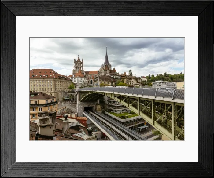 Framed Print : Lausanne cityscape with Lausanne Cathedral and Bessieres Bridge, Switzerland Framed Print : Lausanne cityscape with Lausanne Cathedral and Bessieres Bridge, Switzerland