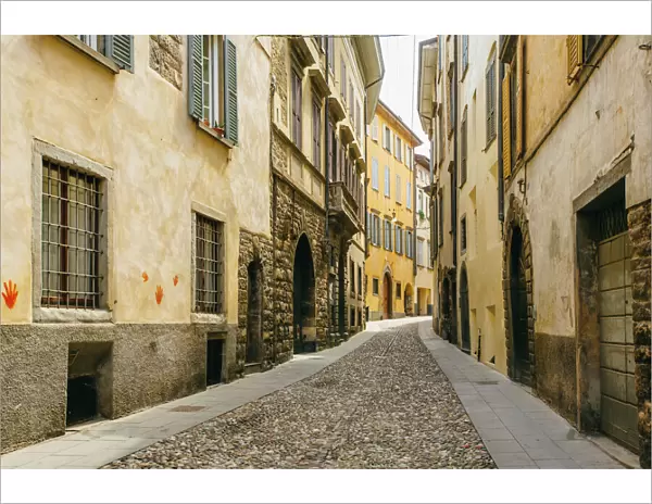 Cobbled street in Citta Alta (Old Town) in Bergamo, Lombardy, Italy