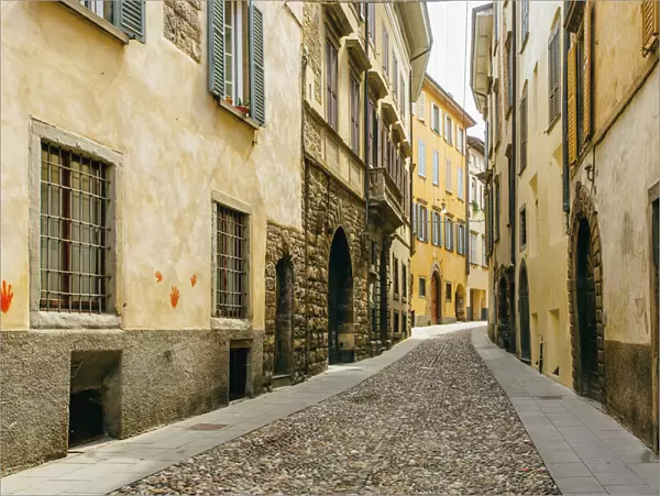 Cobbled street in Citta Alta (Old Town) in Bergamo, Lombardy, Italy