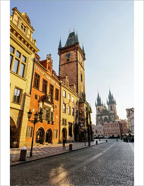 Astronomical clock, Old Town Square and Tyn Church early in the morning, Prague, Czech Republic