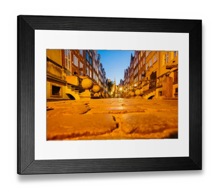 Framed Print : Low angle view St Marys Street (Ulica Mariacka) at dusk, Gdansk, Poland Framed Print : Low angle view St Marys Street (Ulica Mariacka) at dusk, Gdansk, Poland