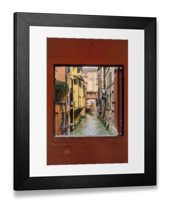 Framed Print : View to the canal through square window, Bologna, Emilia-Romagna, Italy Framed Print : View to the canal through square window, Bologna, Emilia-Romagna, Italy